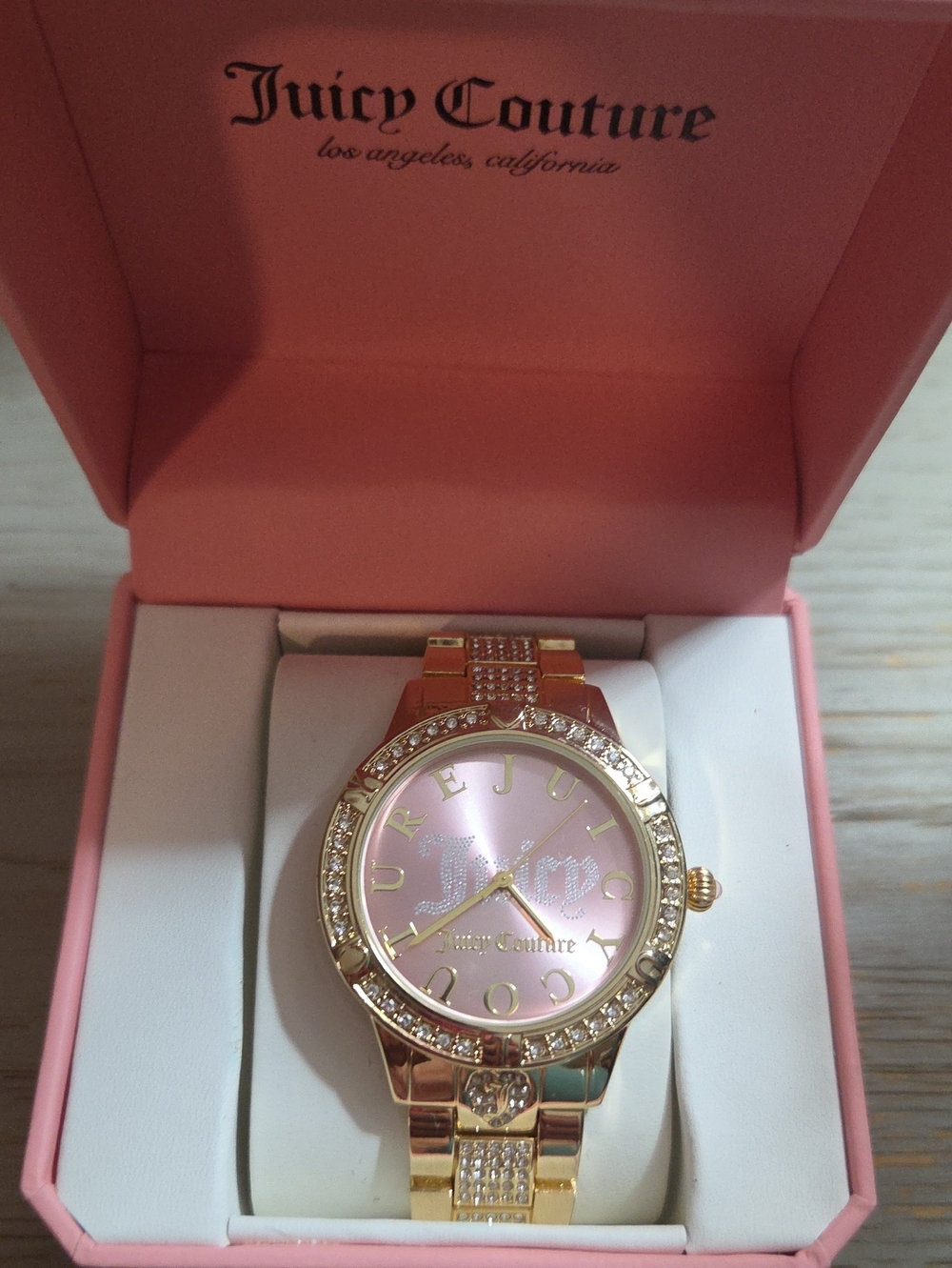 Juicy Couture Rose Gold Tone Y2K Watch with Pink Dial and Crystal Accents